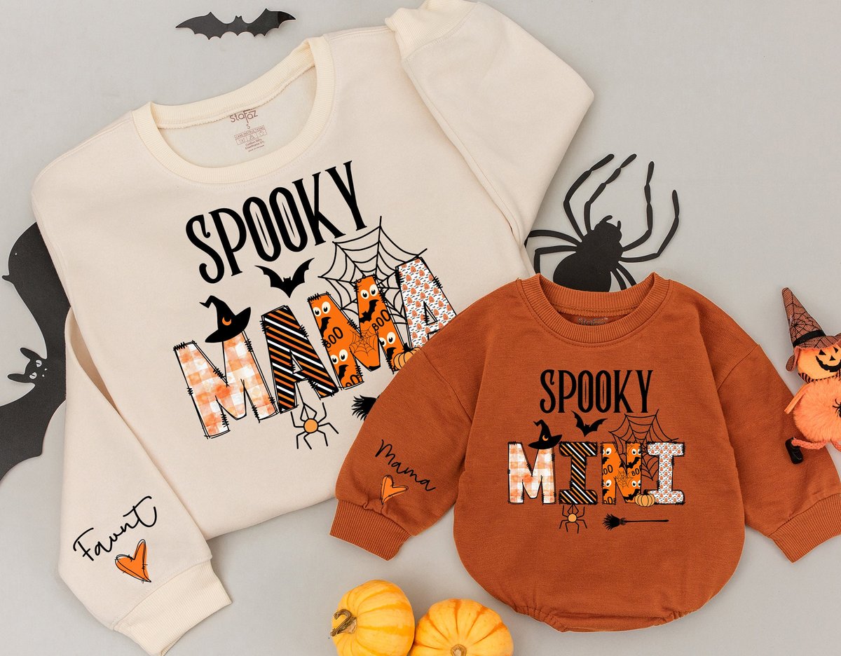 Spooky Mama and Mini Halloween Sweatshirt Cute Spooky Season baby romper gift Retro fall clothes Mat 175