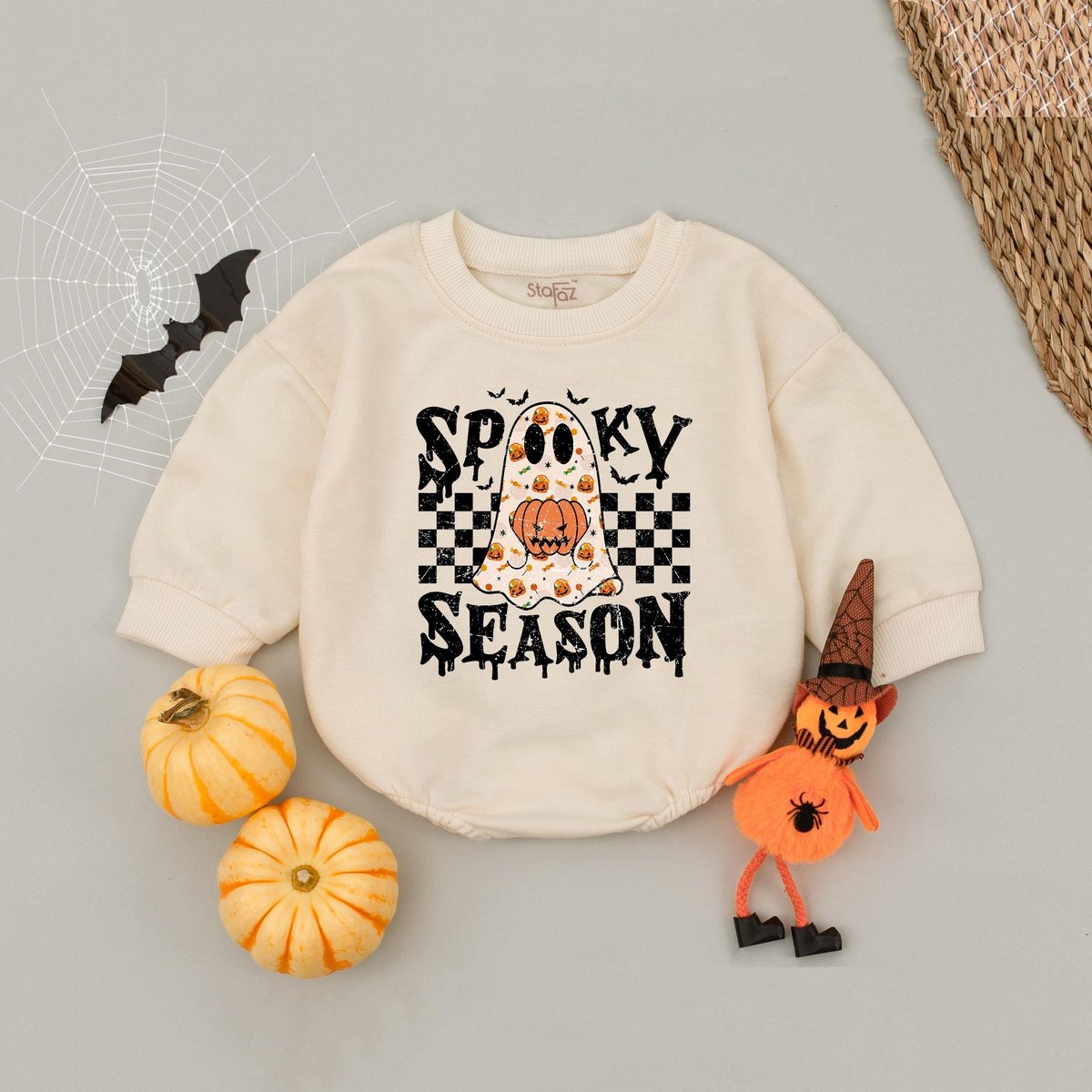 Spooky Season Baby Romper Happy Halloween Bubble Romper Retro Ghost Kids Babysuit Vintage Halloween