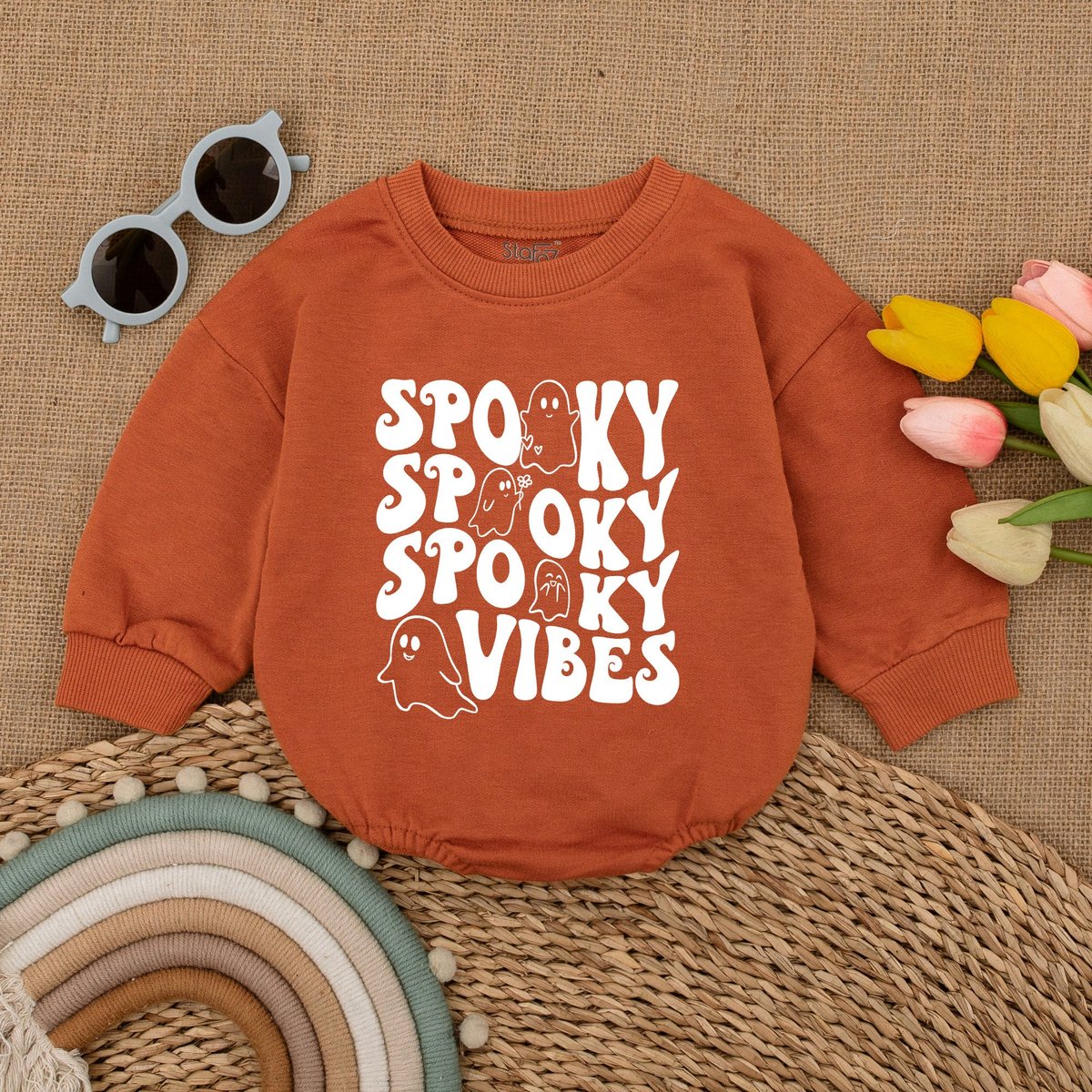 Spooky Vibes Baby Romper Retro Ghost Halloween Ghost Bodysuit Fall Baby Outfit Halloween Baby Shower 173