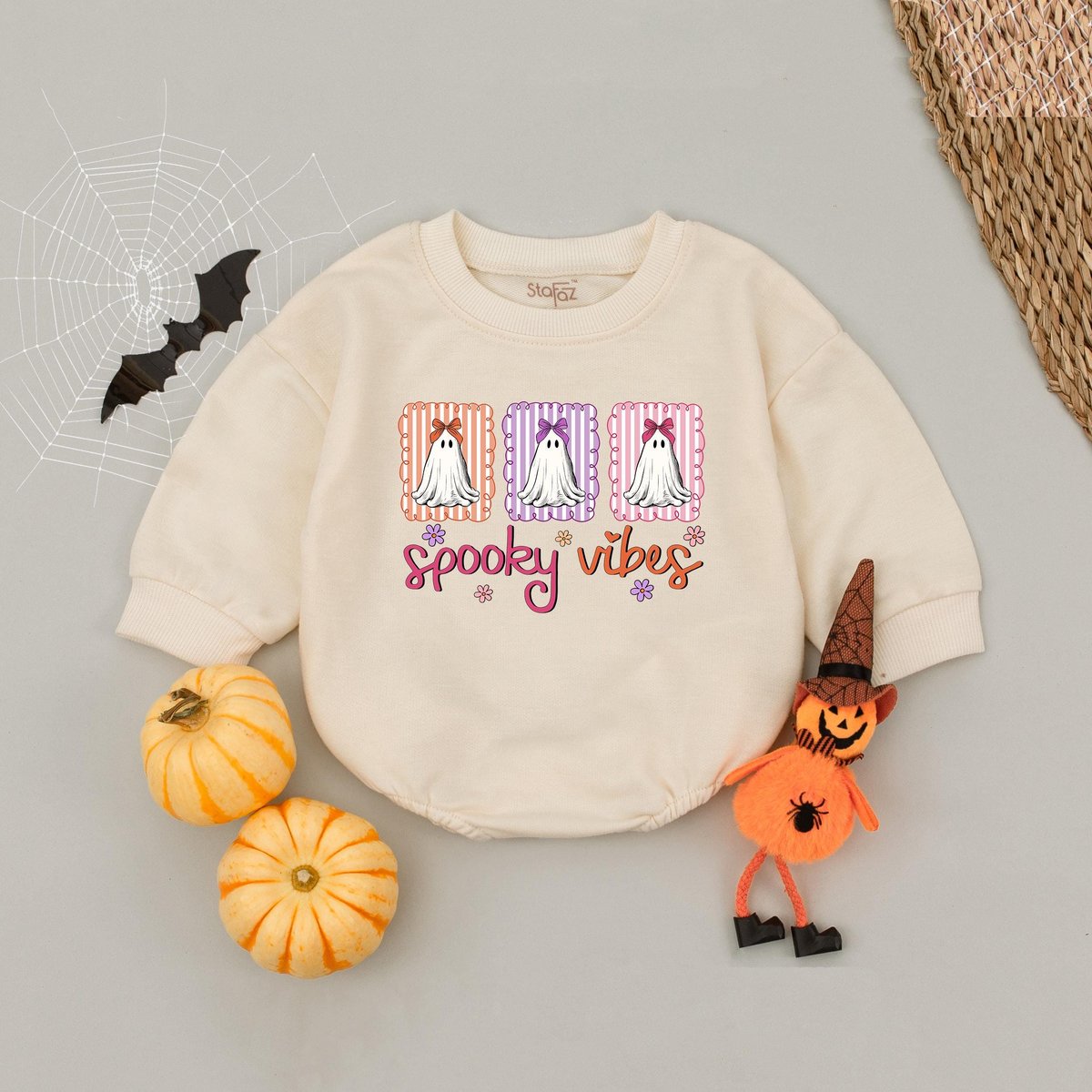 Spooky Vibes Ghost Bubble Romper Cute Halloween Bow Baby Romper Spooky Vibes Pastel Girly Ghost Baby