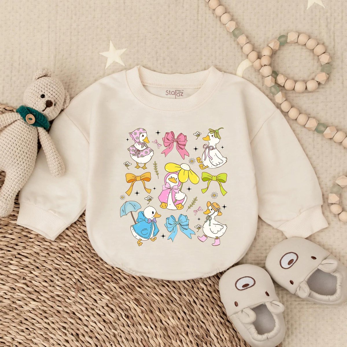 Spring Floral Goose Bubble Romper for Baby Girl Cute Farm Animal Outfit Easter Baby Clothes Ruffle I