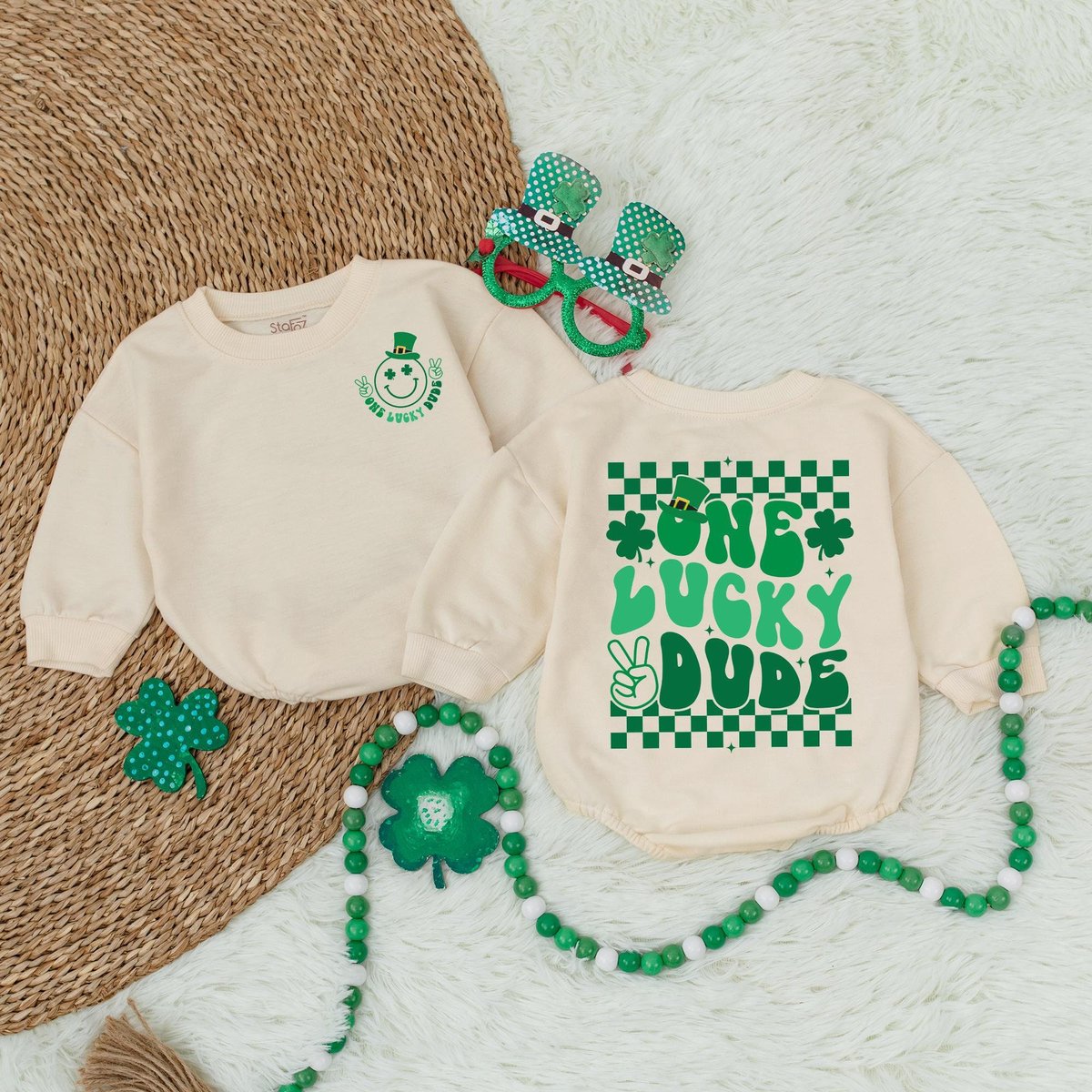 St. Patrick's Day Baby Romper Sweatshirt One Lucky Dude Design Toddler Irish Outfit Shamrock Baby C 184