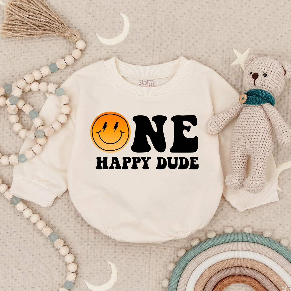 STAFAZ - One Happy Dude Birthday Romper 1st Birthday Shirt Smiley Face Birthday Outfit One Cool Dude