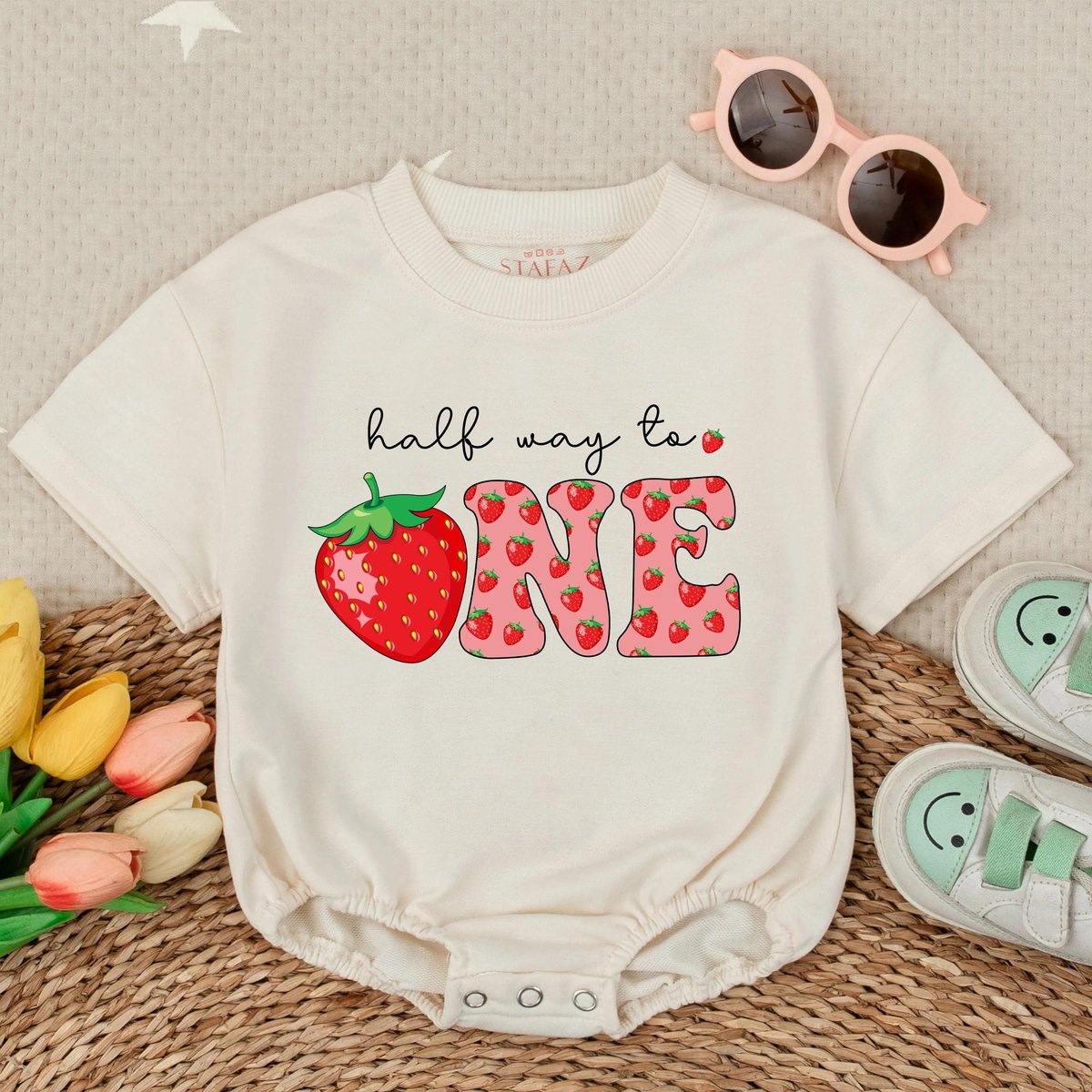 Strawberry Half Birthday Baby Girl Romper Toddler Short Sleeve Bubble Romper 6 Months Clothes Summer