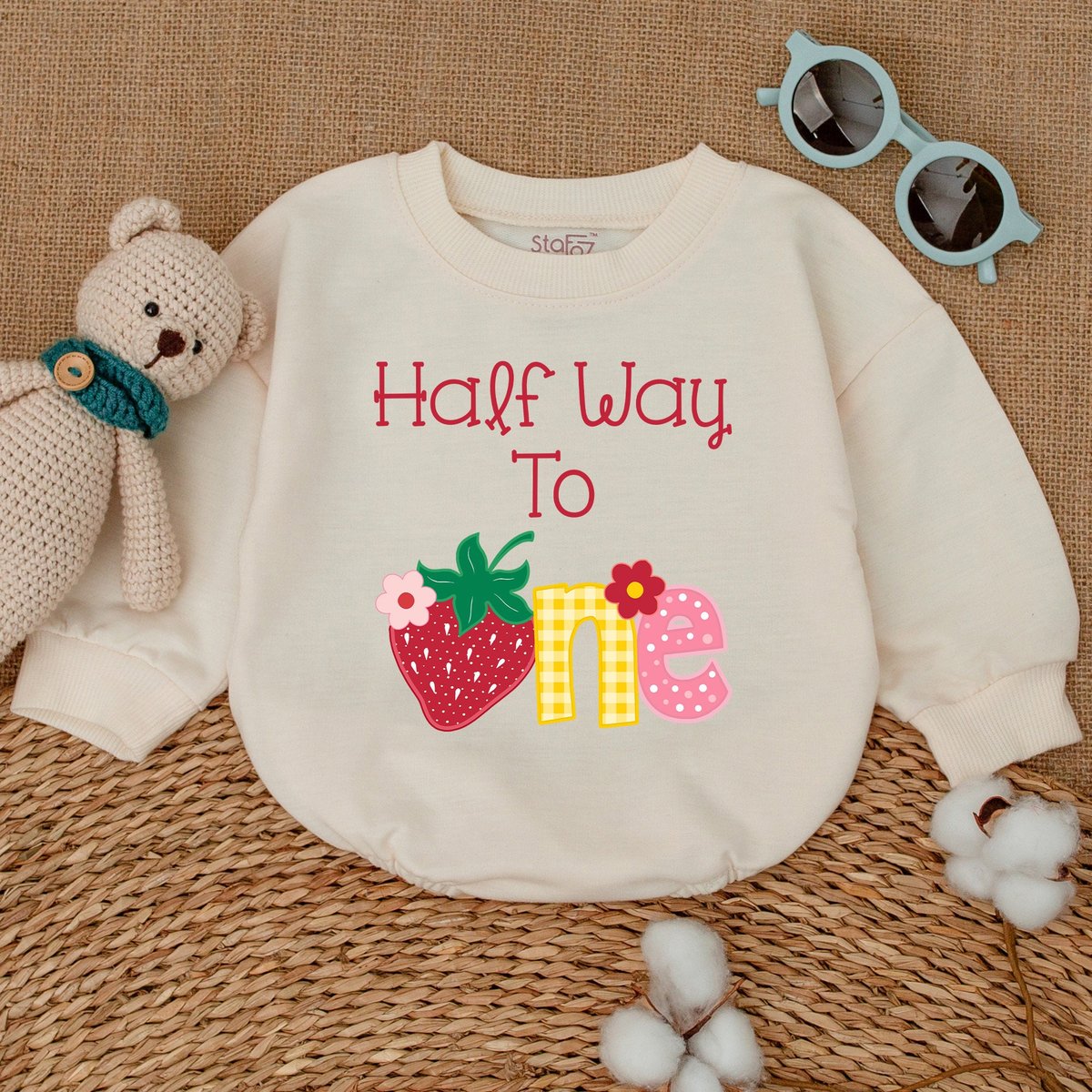 Strawberry Half Way To One Romper 12 Birthday Bodysuit Six Month Birthday Half Birthday Baby Bodysui 170
