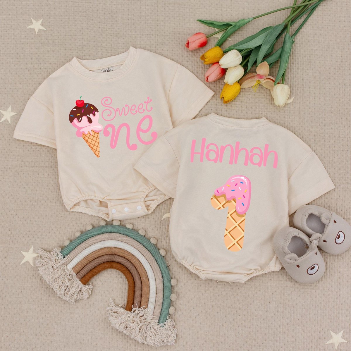 Sweet One Birthday Baby Romper Custom Name Age Birthday Babysuit 1st Birthday Babysuit Ice Cream Bir