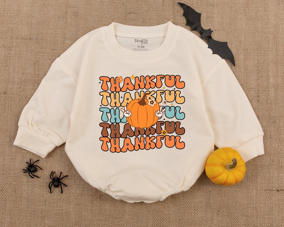 Thankful Bubble Romper Fall Baby Romper Thanksgiving Bodysuit  First Thanksgiving Outfit Newborn