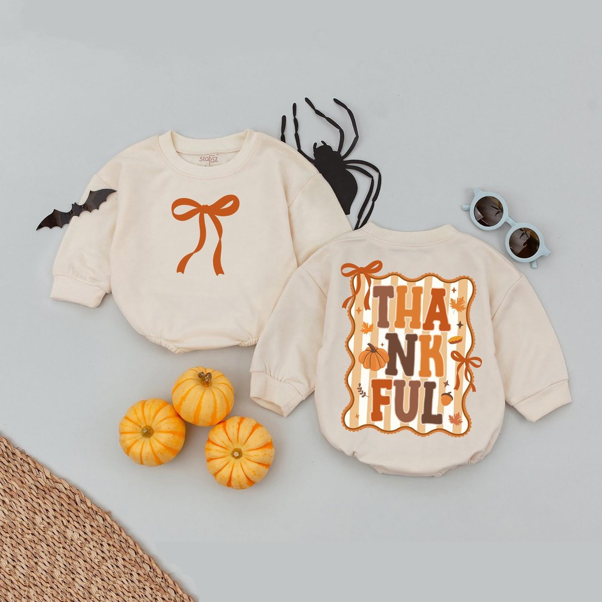 Thankful Fall Orange Bow Bubble Romper Cute Retro Preppy Thanksgiving Pumpkins and Bows Cozy Autumn