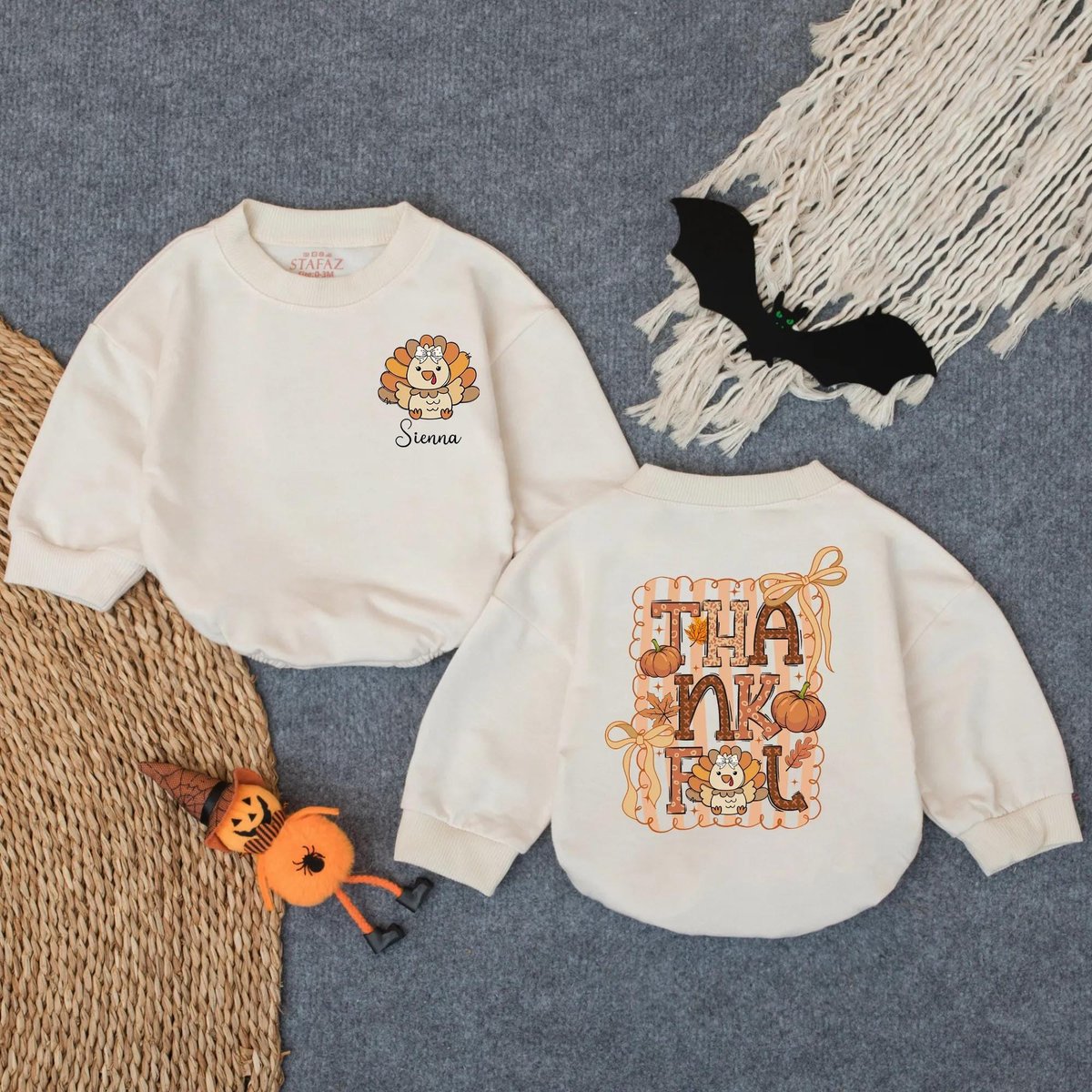 Thankful Fall Turkey Bubble Romper for Baby Girl Personalized Thanksgiving Outfit Cute Custom Autumn 432