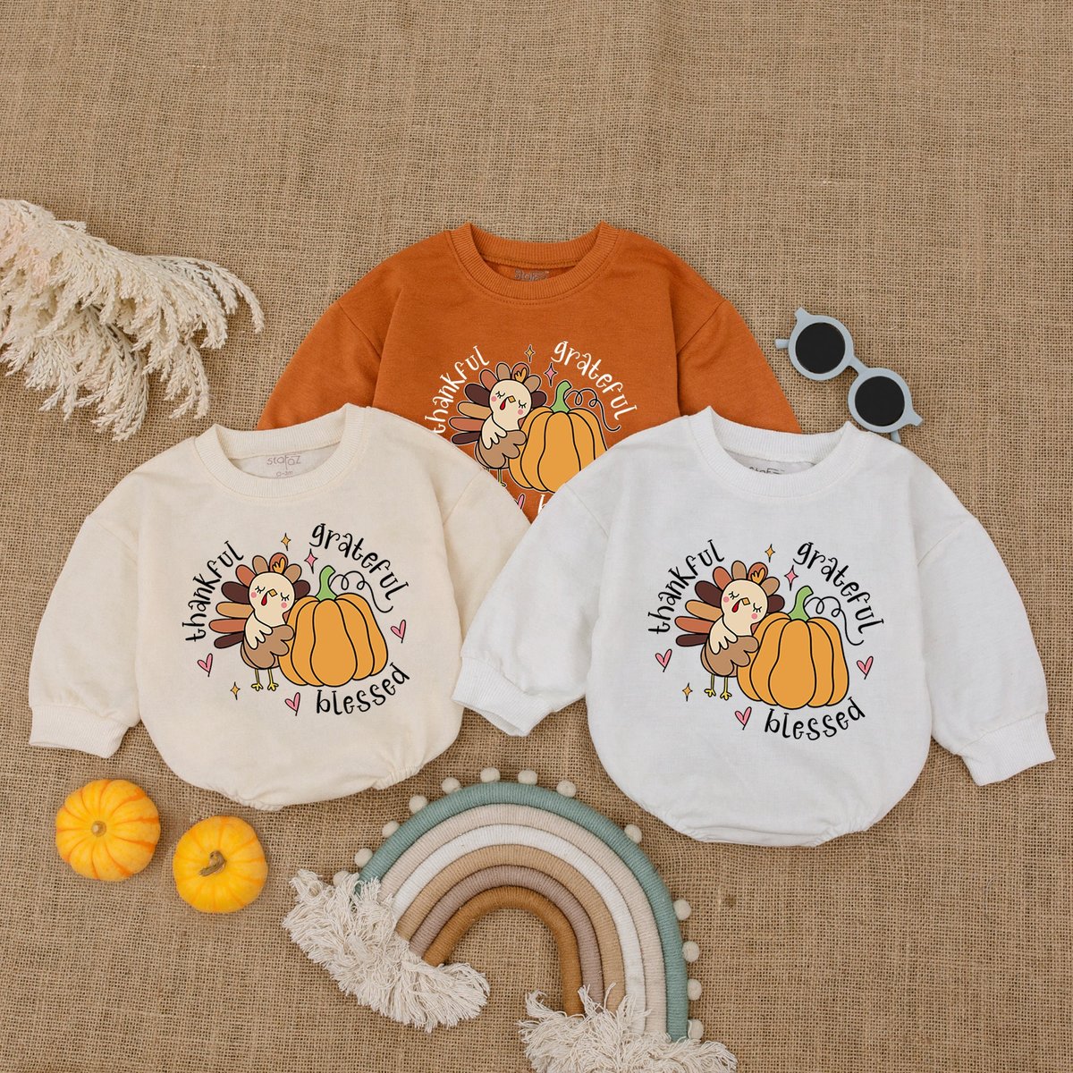 Thankful Grateful Blessed Turkey Baby Outfit Pumpkin Bubble Romper Baby Thanksgiving Clothes Fall Ba 174