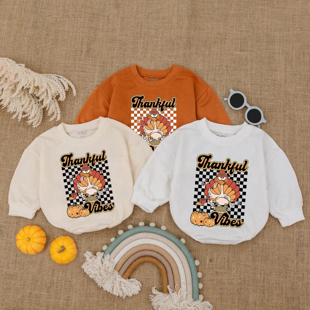 Thankful Vibes Bubble Romper Thanksgiving Baby Outfit Groovy Turkeys Romper Fall Baby Outfit Autumn 174