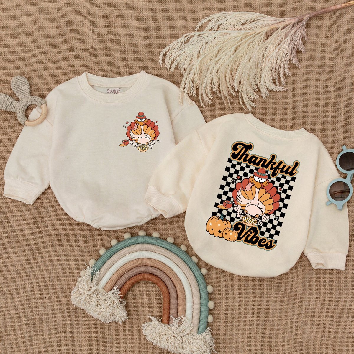 Thankful Vibes Bubble Romper Thanksgiving Baby Outfit Groovy Turkeys Romper Fall Baby Outfit Autumn 176
