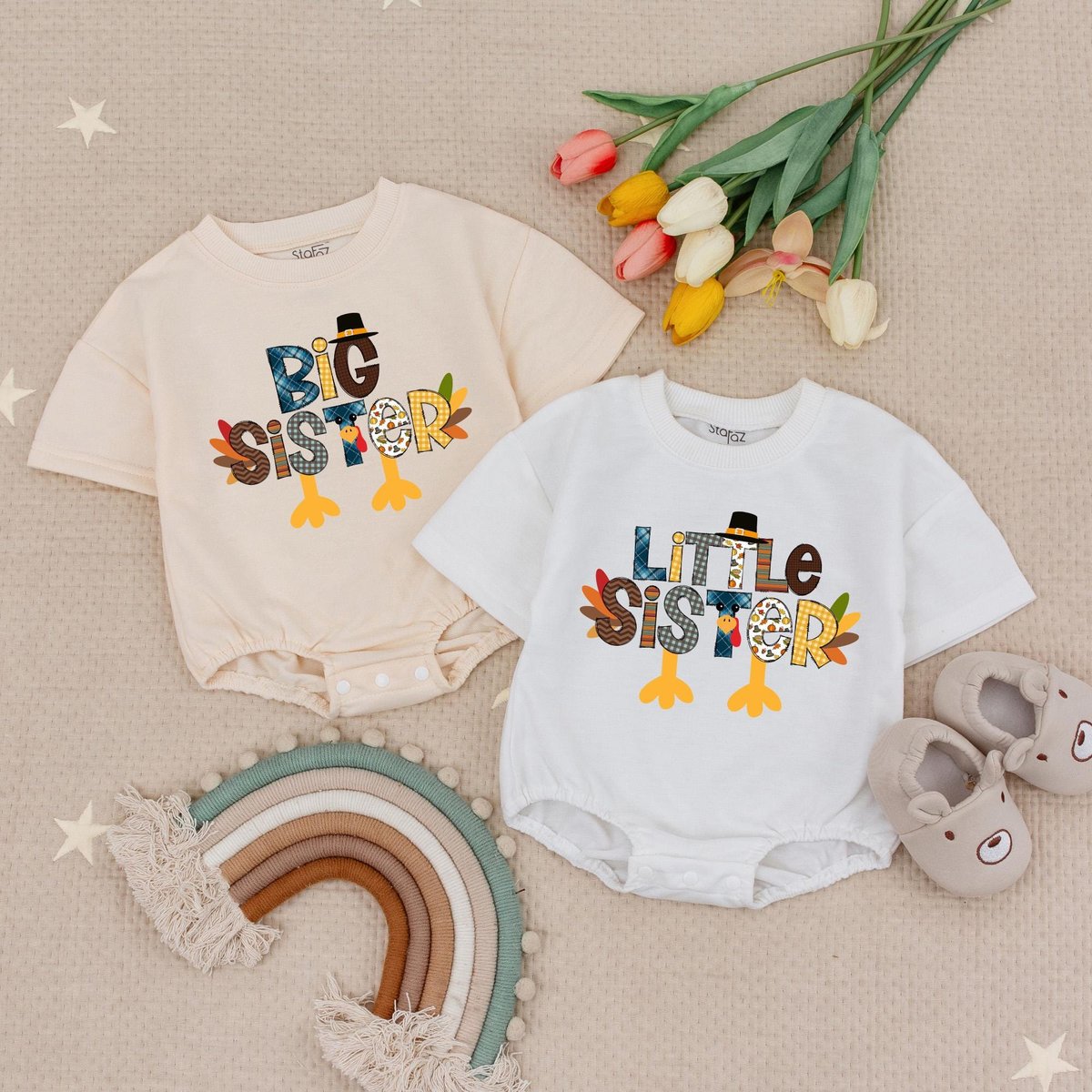 Thanksgiving Kids Big Middle Little Sister Girl Bubble Romper Custom Fall Girl Thanksgiving Baby Rom