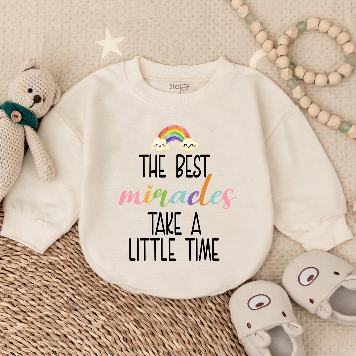 The best miracles take a little time Bubble Romper Baby Clothes Rainbow Baby Bodysuit Newborn Gift M
