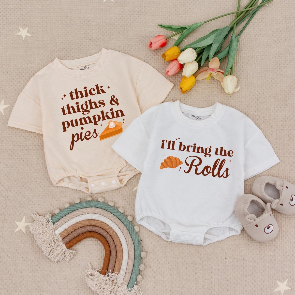 Thick Thighs and Pumpkin Pies Baby Romper I'll Bring The Rolls Babysuit Thanksgiving Cute Baby Romp