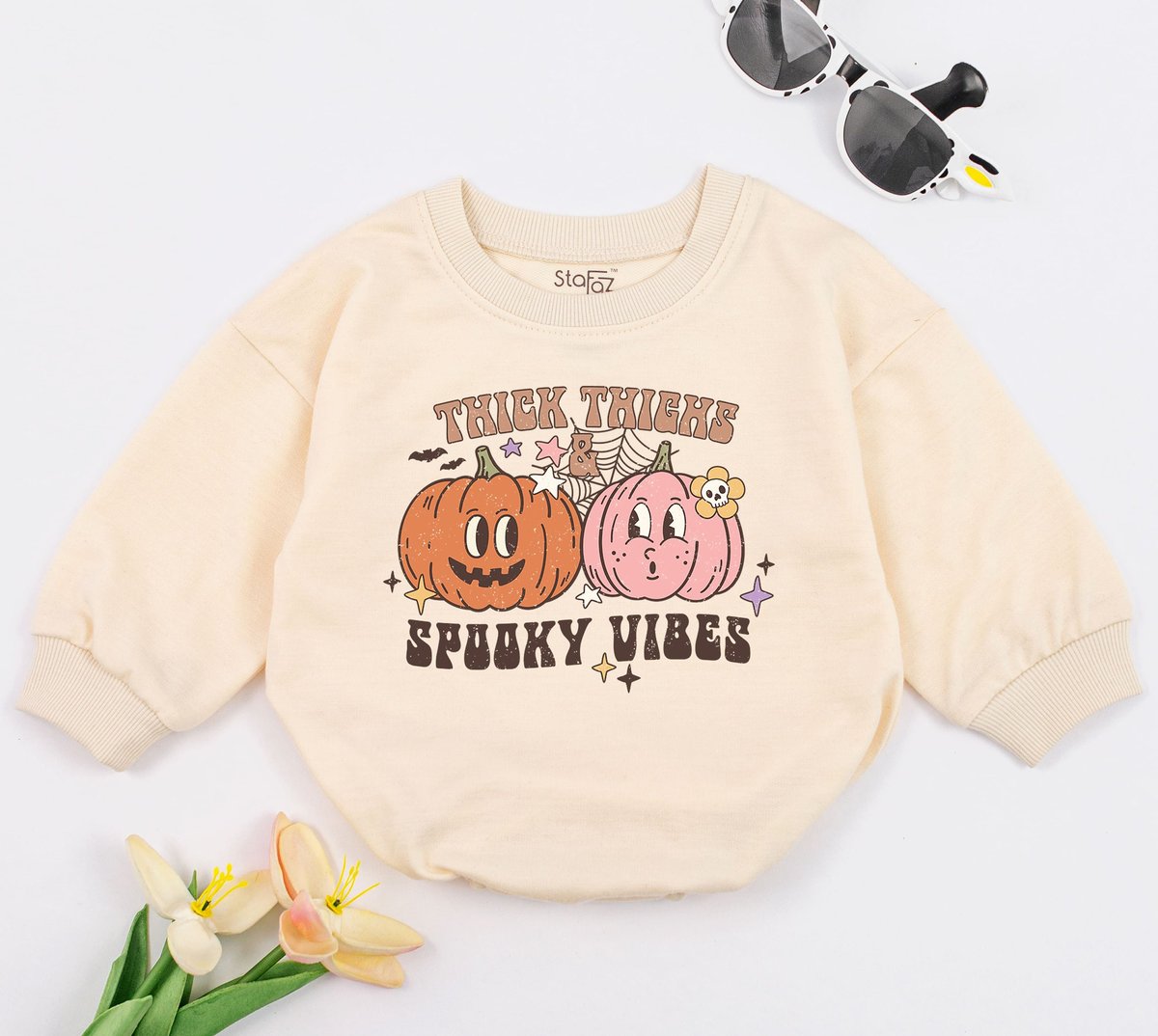 Thick Thighs and Spooky Vibes Baby Romper Retro Halloween Bodysuit Funny Halloween Baby Outfit Fall 153