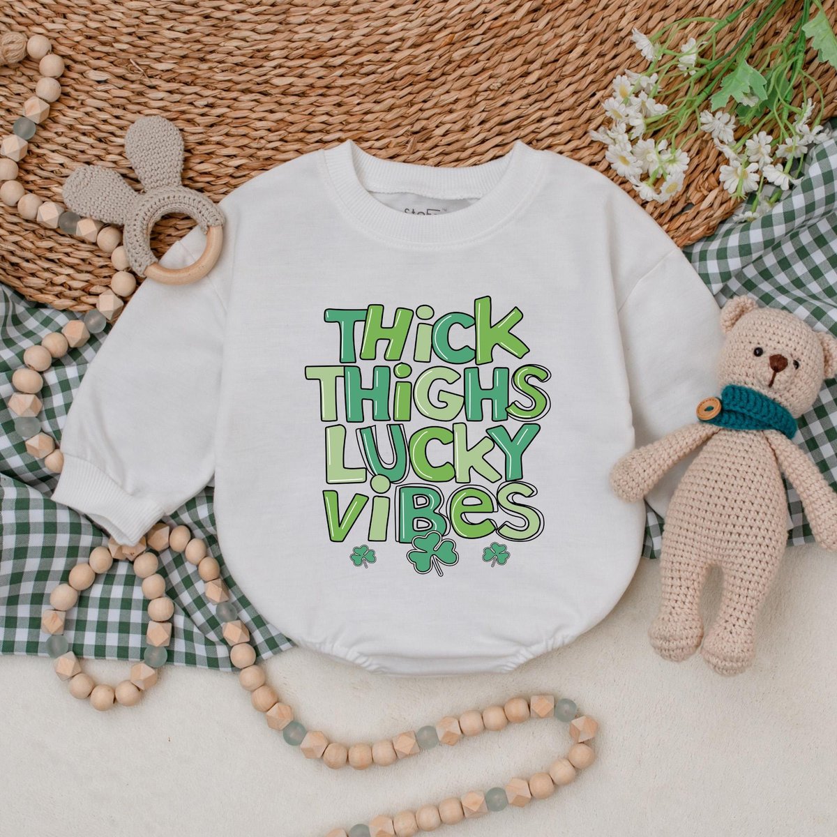 Thick Thighs Lucky Vibes Baby Romper Lucky Vibes Bodysuit Baby Patrick's Day Outfit First St Patric 184