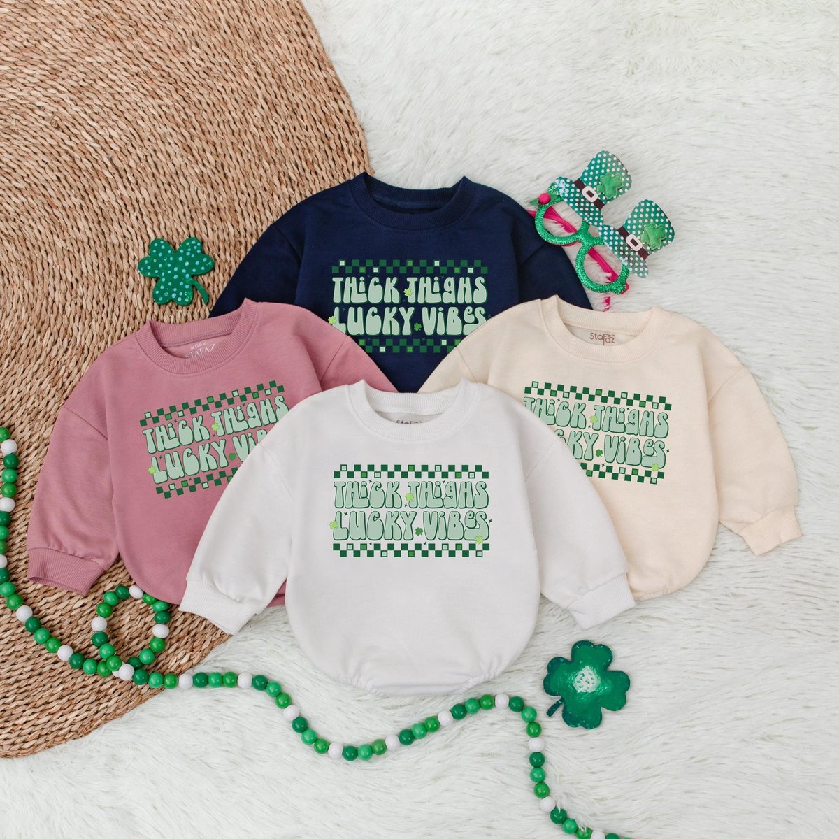 Thick Thighs Lucky Vibes Baby BodysuitLucky Charm St. Patrick's Day Bubble RomperSt. Patrick's Day 185