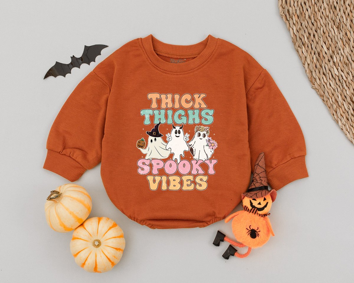 Thick Thighs Spooky Vibes Baby Romper Retro Ghost Halloween Baby Outfit Fall Baby Clothes Halloween