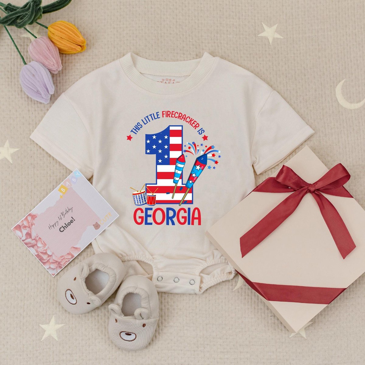 This Little Firecracker Is One 4th of July Baby Romper Personalized Name Patriotic Birthday Babysuit