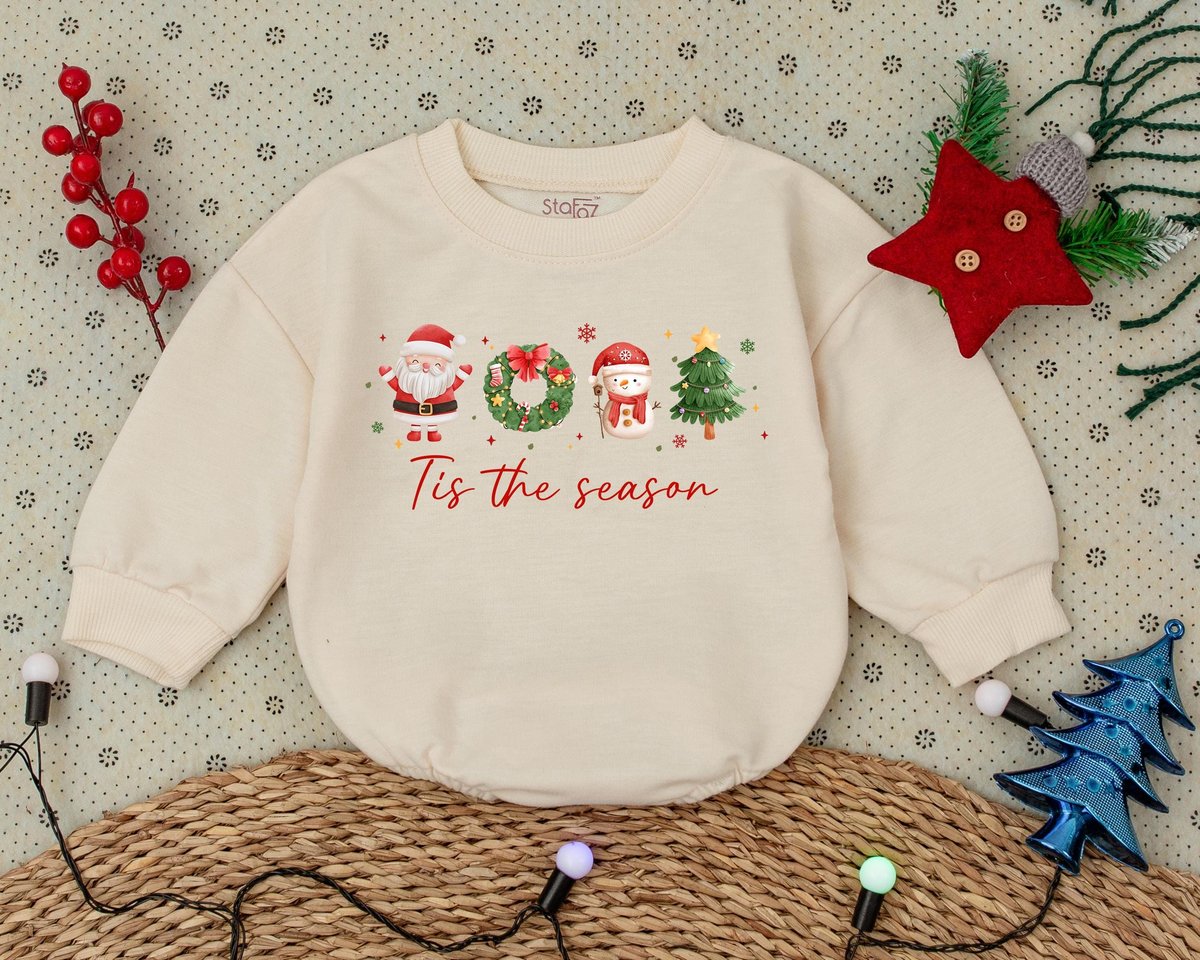 Tis The Season Baby Romper Sweater Red Bow Christmas Bubble Romper Girly Christmas Basuit Merry Firs