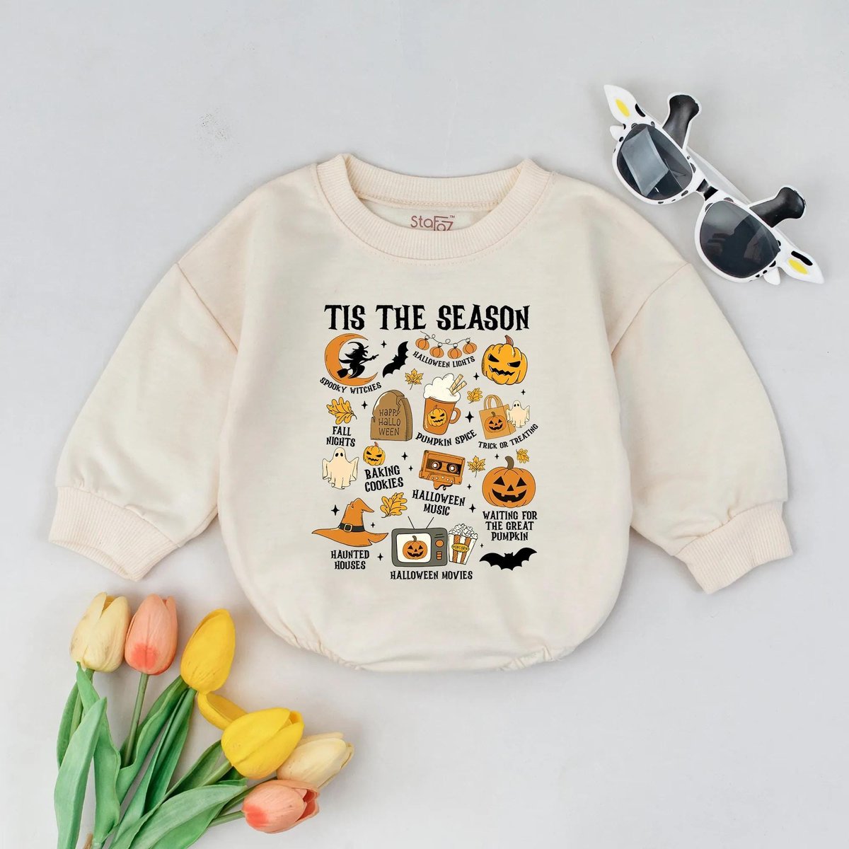 Tis The Season Halloween Bubble Romper Retro Halloween Baby Outfit Spooky Season Bodysuit Fall Baby 435