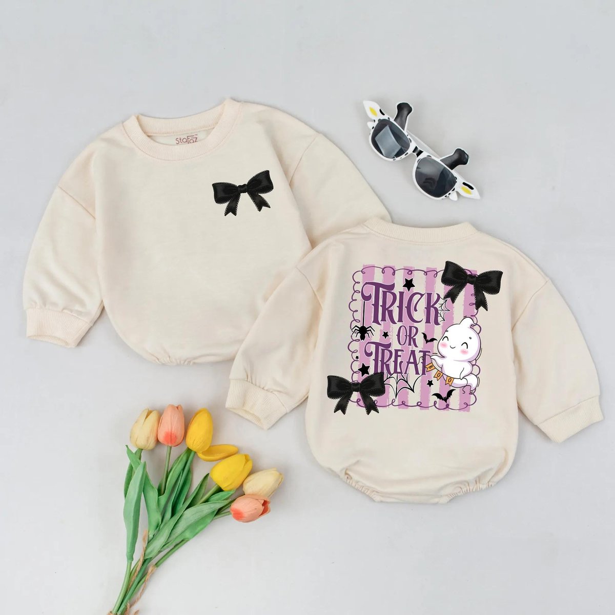 Trick or Treat Baby Bubble Romper Cute Halloween Girl Outfit Pastel Goth Baby Romper Black Bow Spook 433