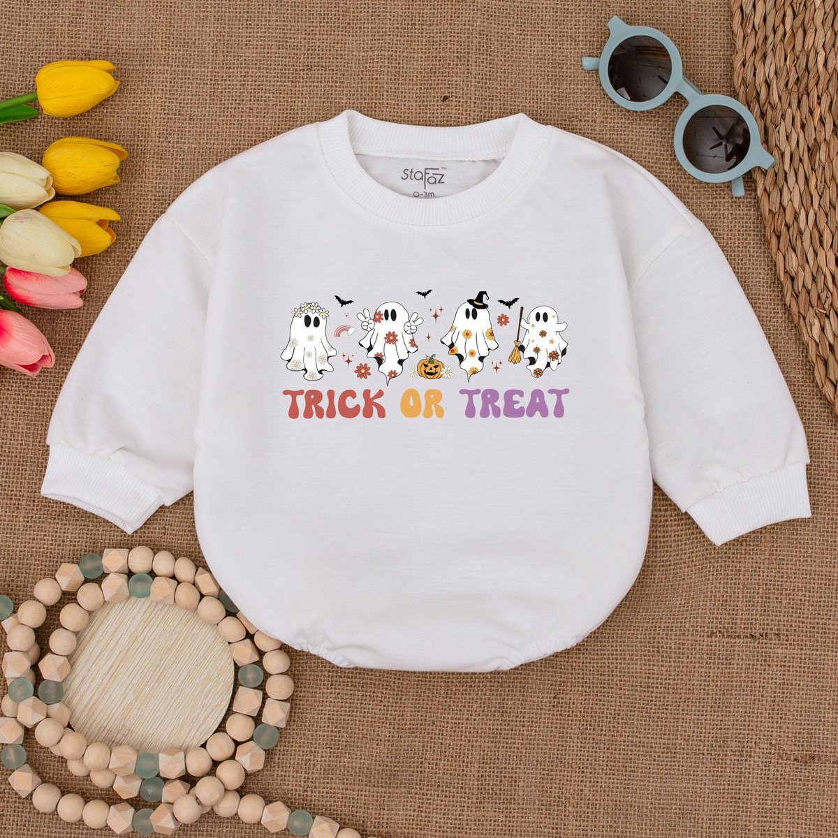 Trick or Treat Baby Romper Retro Ghost Halloween Ghost Bodysuit Fall Baby Outfit Halloween Baby Show 173