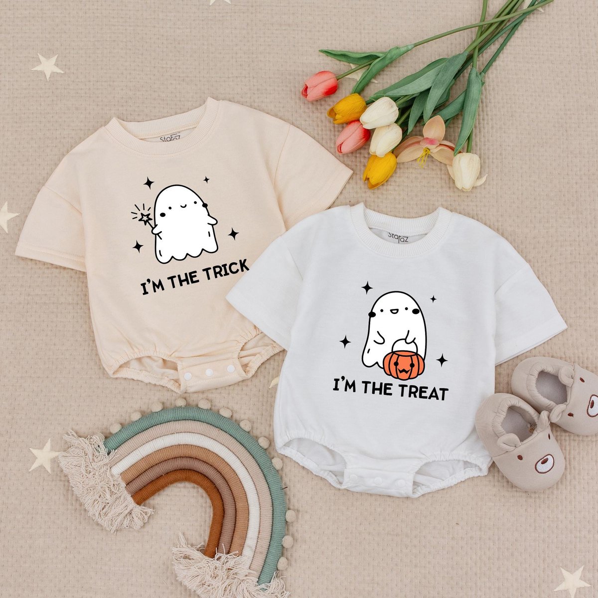 Trick or Treat Twins Halloween Baby Romper Matching Halloween Baby Bodysuits Cute Twins Fall Outfit