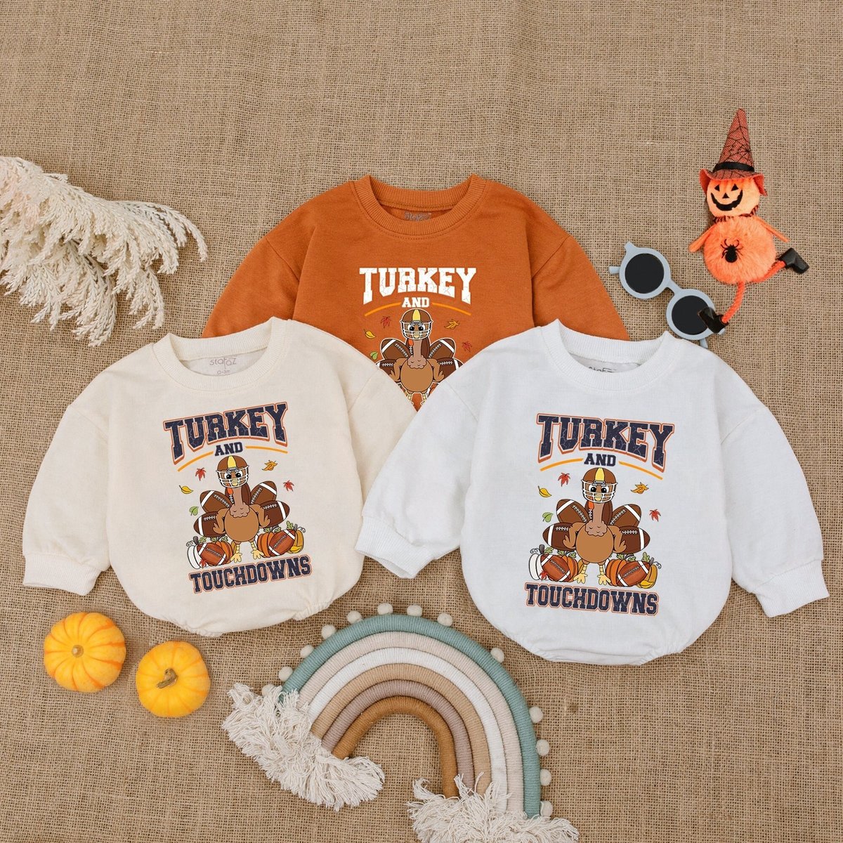 Turkey and Touchdowns Bubble Romper Turkey Football Thanksgiving Baby Outfit Bubble Romper Fall Baby 178