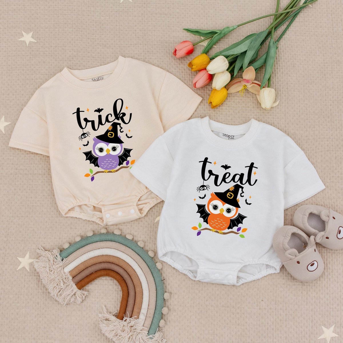 Twin Girls Halloween Baby Romper Twins Owl Halloween Bubble Baby Bodysuit Girl Twins Trick or Treat