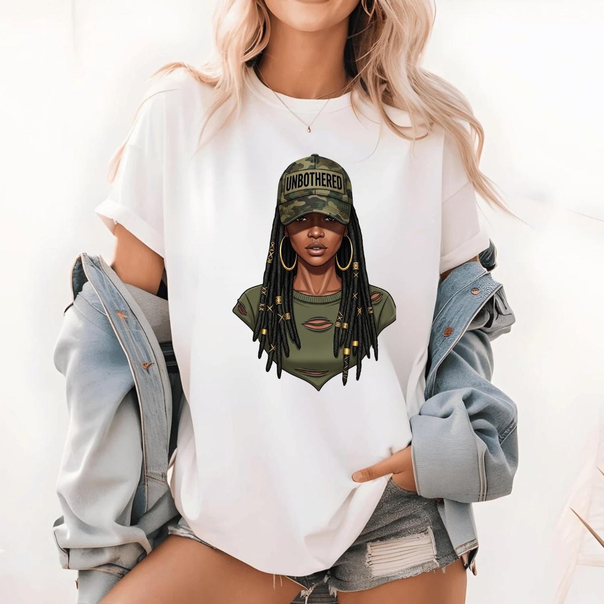 Unbothered Black Girl PNG Camo Hat Locs Hairstyle Digital Download Afro Woman Illustration 300 DPI S 433