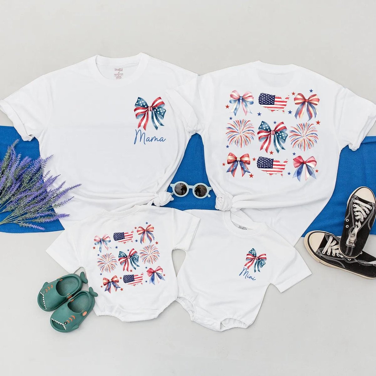 US 4th of July Matching Family Outfits Mama and Mini Bow Fireworks Shirts USA Patriotic Baby Romper 430