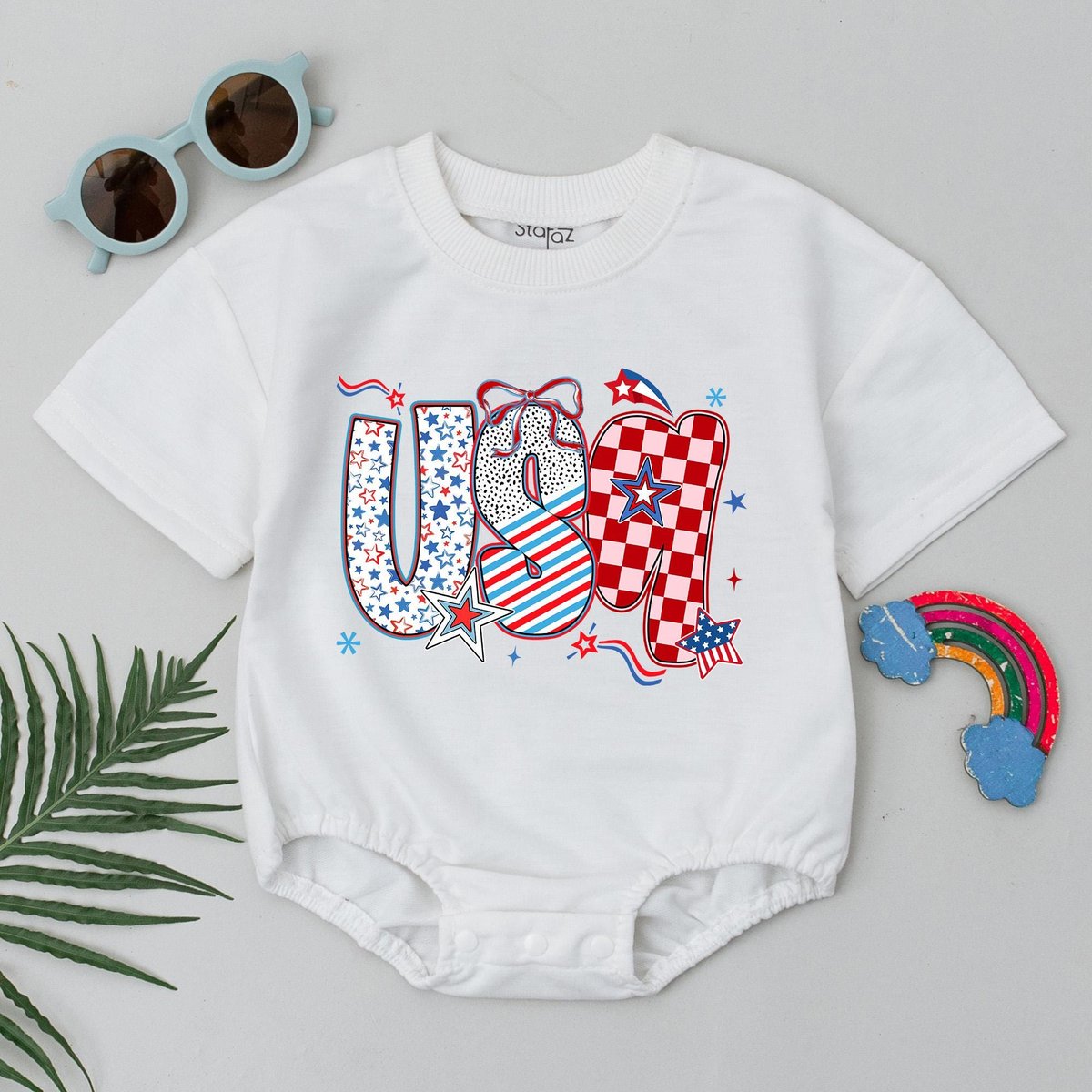 USA Baby Romper 4th of July Patriotic Infant Bodysuit Red White Blue Baby Outfit Independence Day Gi