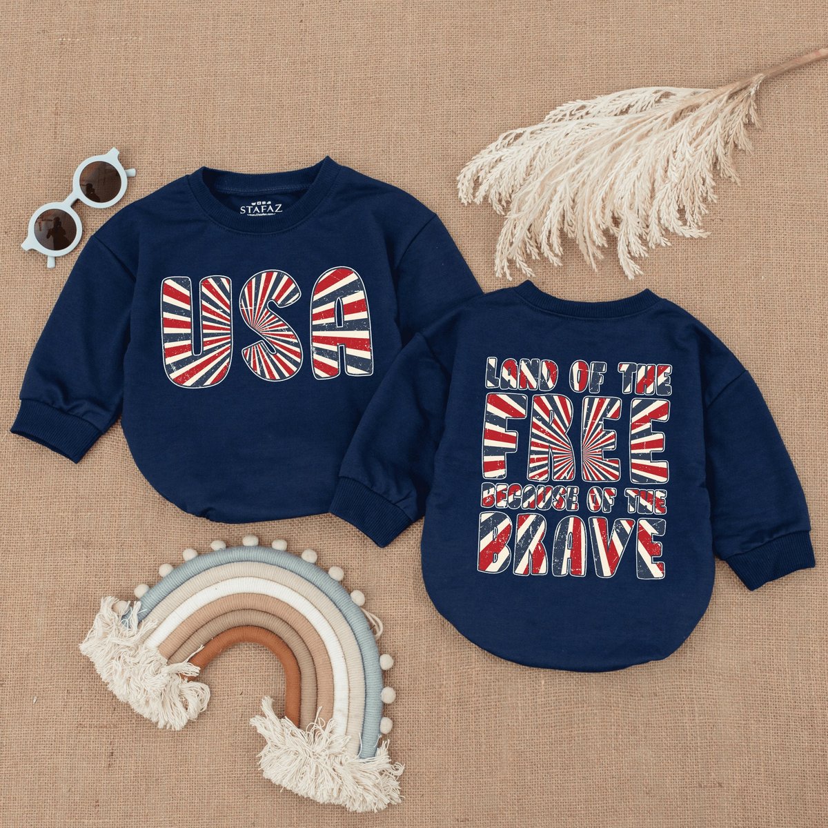 USA Land of the Free Because of the Brave Romper Retro Patriotic Bodysuit Cute Fourth of July Baby a 171