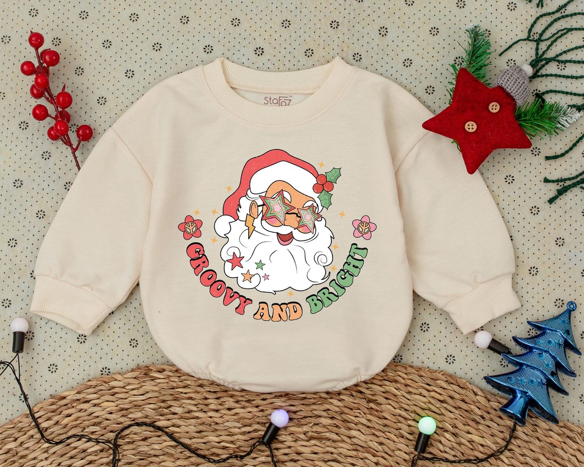 Vintage Santa Romper Groovy and Bright First Christmas Clothes Toddler Sweatshirt Baby Shower Gift B