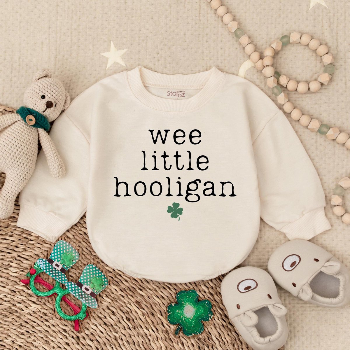 Wee Little Hooligan Baby Romper St Patrick's Day Bodysuit Natural Irish Baby Outfit Baby Romp 164