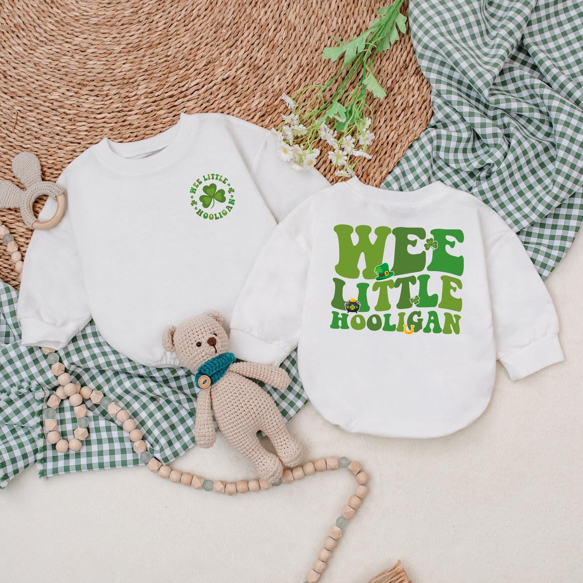 Wee Little Hooligan Baby Romper Green Clover Baby Bodysuit St Patrick's Day Romper Baby Patrick's 184