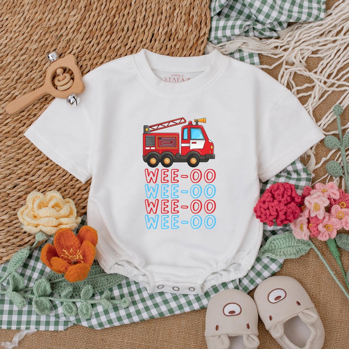 Wee oo Firetruck Baby Romper Firefighter Baby Bodysuit Baby Boy Outfit Romper for Baby Boy Newborn C 188
