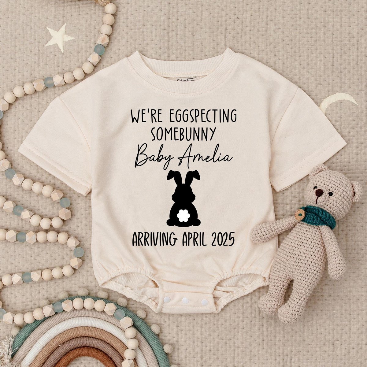 Were Eggspecting Somebunny Baby Romper Easter Announcement Baby Romper Spring Custom Name BabyFunny
