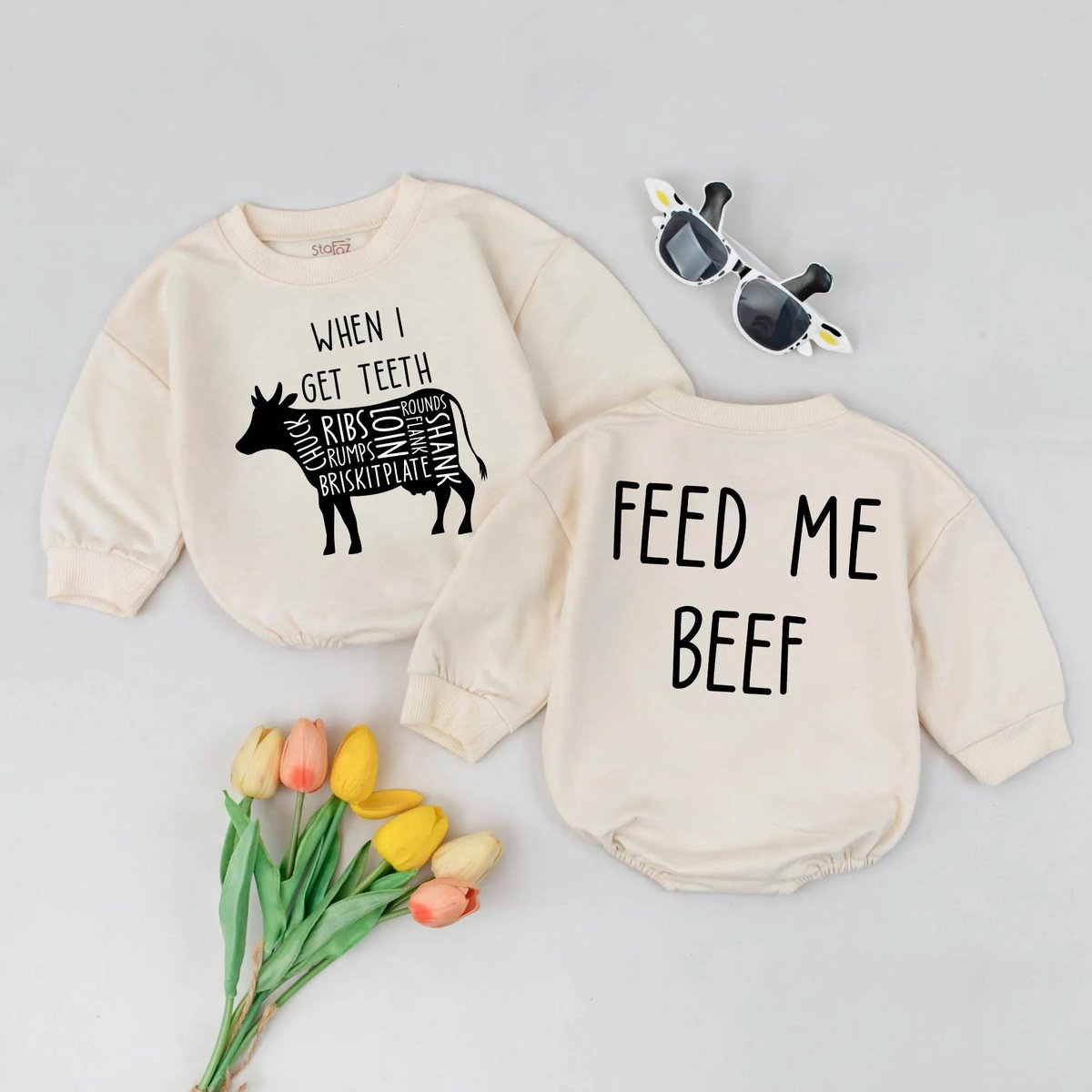 When I Get Teeth Feed Me Beef Bubble Romper Funny Cow Infant Outfit Cute Farm Baby Bodysuit Baby Sho 435