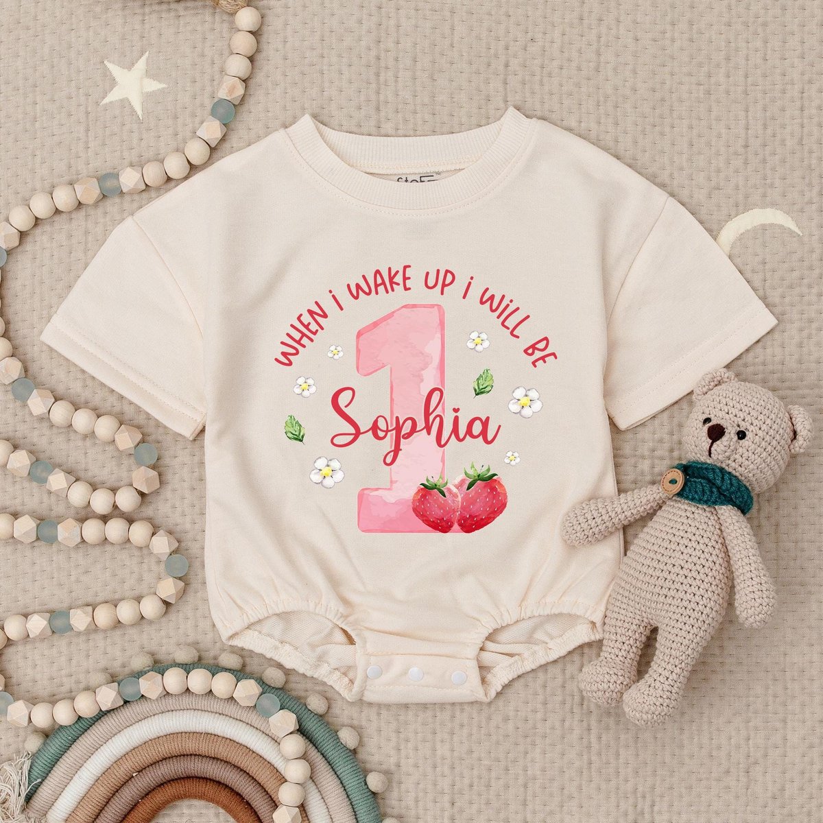 When I Wake Up I Will Be One Baby Romper Girl's First Birthday Strawberry Babysuit Custom Berry Fir