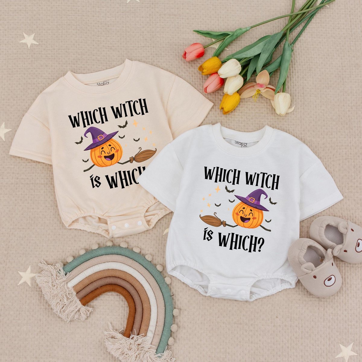 Which Witch is Which Halloween Baby Romper Twin Witches Matching Baby Romper First Halloween Twin Bu