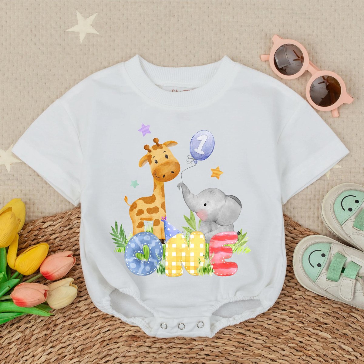 Wild One Safari Animals Zoo Clothes 1st Birthday Boy Short Sleeve Bubble Romper Personalized Toddler