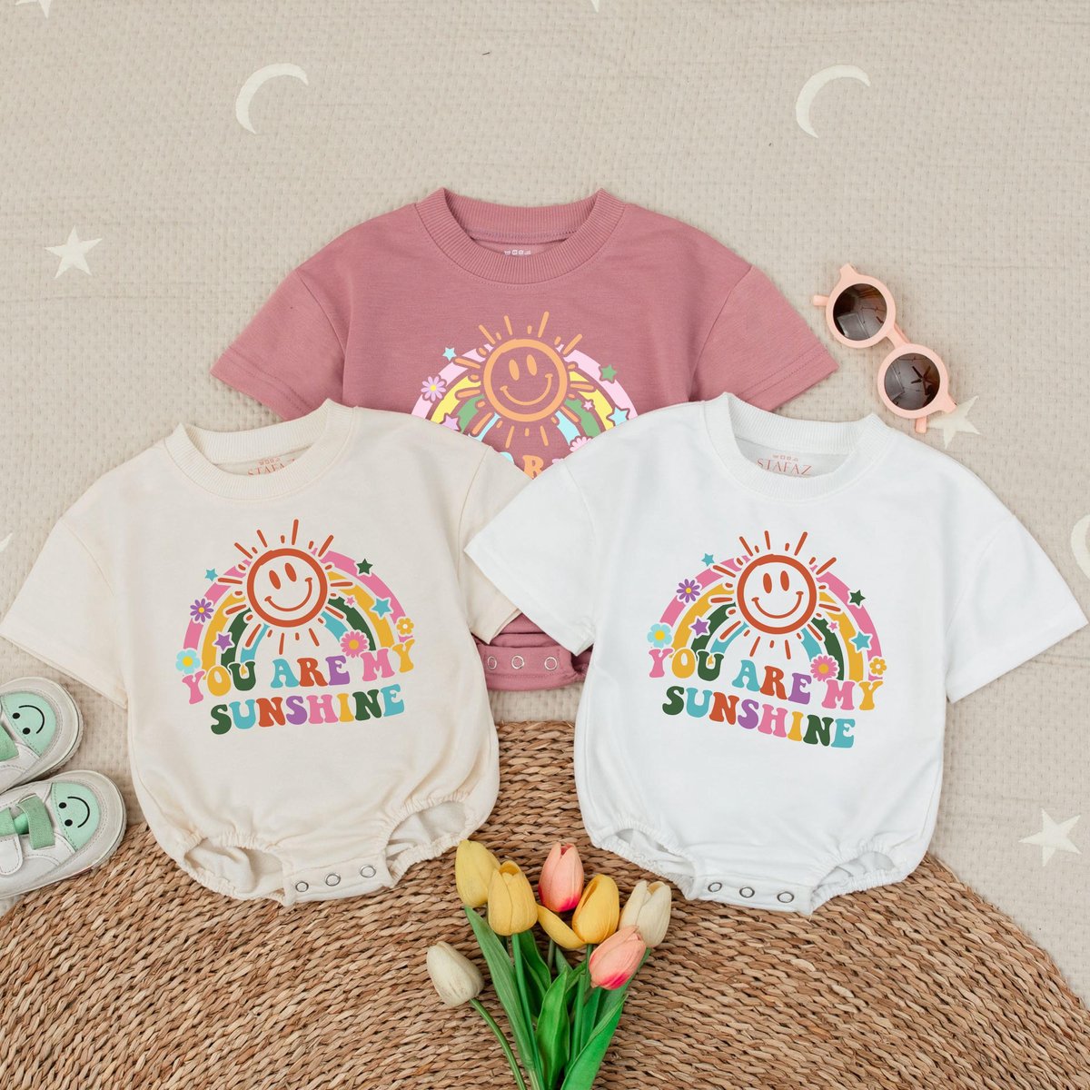 You are my sunshine  Hippie Baby Romper Groovy Baby Girl Outfit Groovy Summer Bubble Romper  Vint