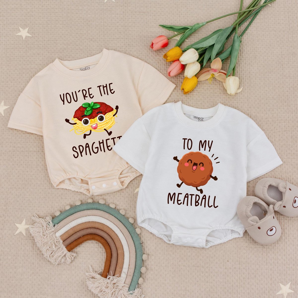 You're The Spaghetti To My Meatball Twins Baby Romper Set Matching Food Baby Bodysuits Cute Twins B